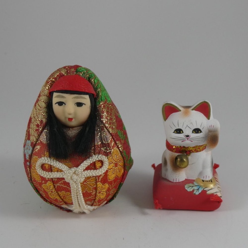 Kitty Cat  & Geisha Girl Miniature Japanese Lucky Dog and Geisha Girl in Kimono